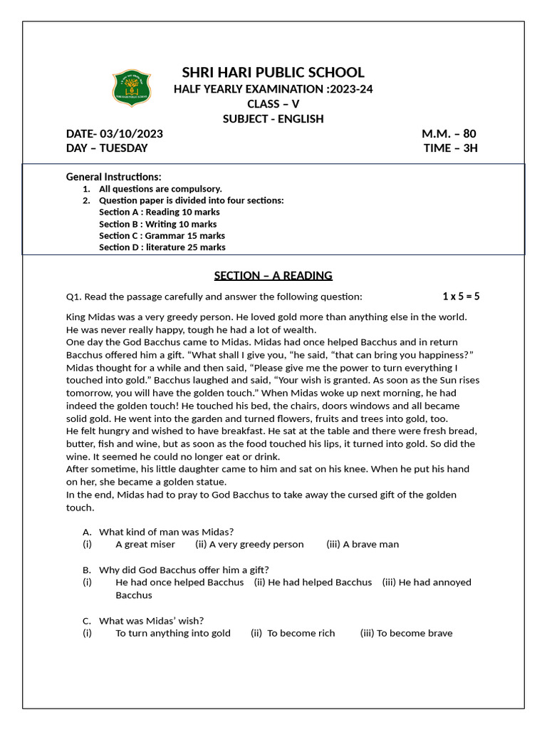 Class 5 English Half Yearly Exam 2023 | PDF | Grammatical Gender | Dionysus