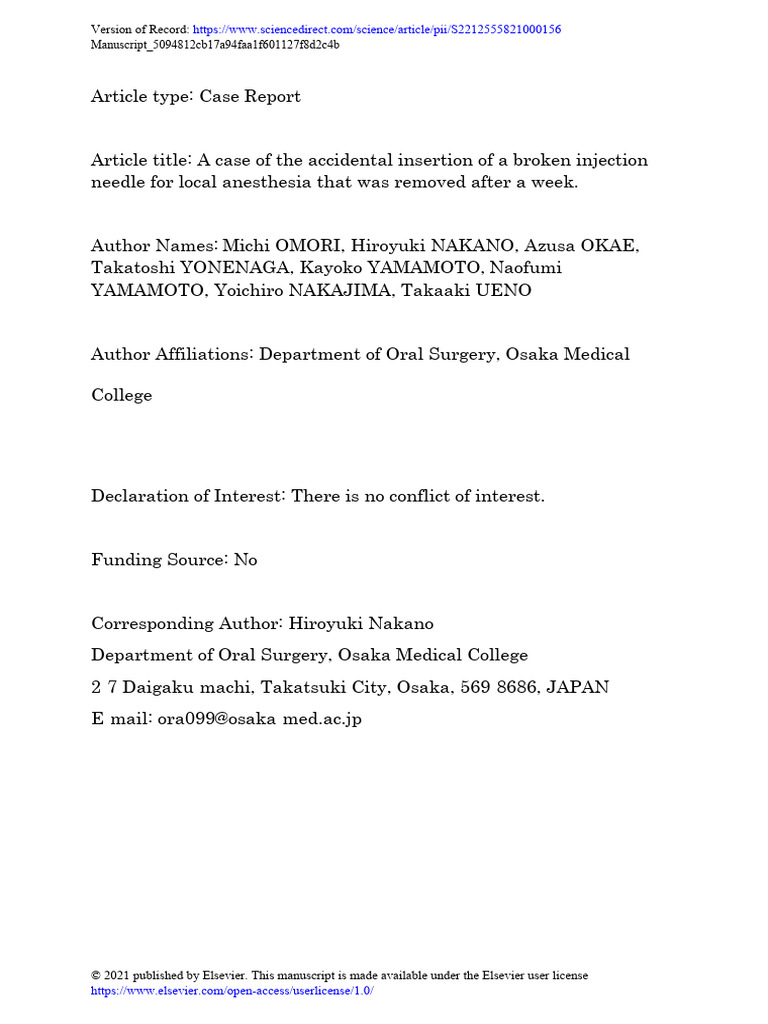 A Case of Accidental Insertion of A Borken Injection Needle For Local ...