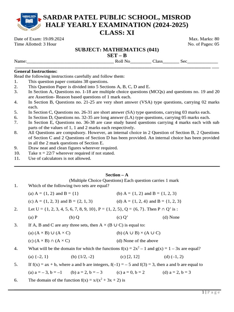 Class XI Mathematics Half-Yearly Exam 2024 | PDF | Multiple Choice ...