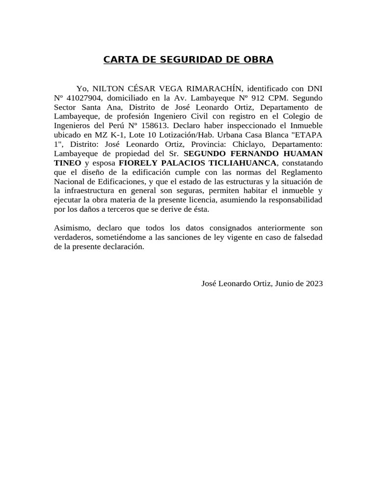 CARTA DE SEGURIDAD DE DE OBRA | PDF