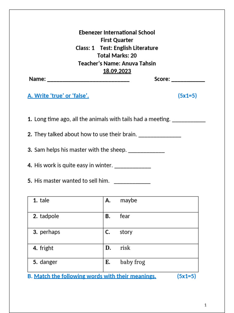 CLASS 1 Eng. Lit. Test 23-24 Radiant Reading Pgs 7-11 | PDF