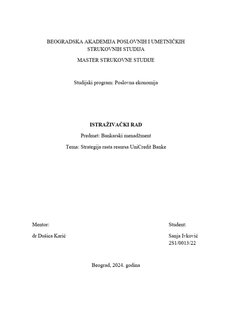 Strategija Rasta Resursa UniCredit Banke | PDF