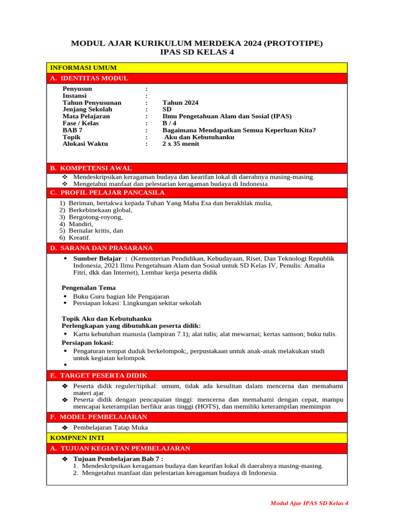 Modul Ajar Kurikulum Merdeka 2024 (Prototipe) Ipas SD Kelas 4 | PDF