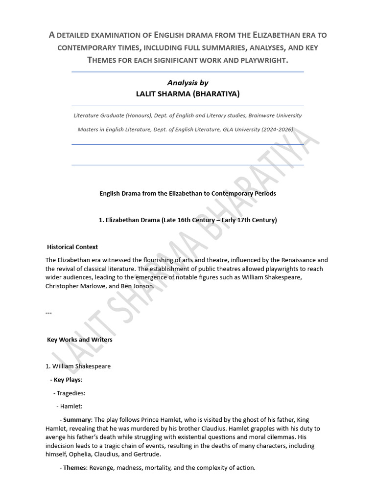 A Detailed Examination of English Drama From The Elizabethan Era To