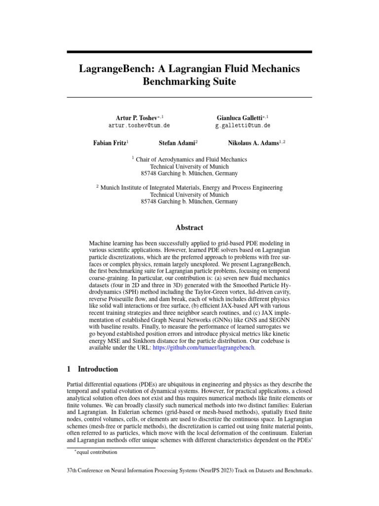 Neurips 2023 lagrangebench a lagrangian fluid mechanics benchmarking
