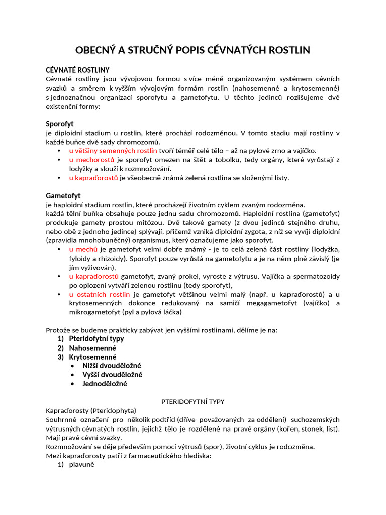 00cevnate Naho-Kryto Rostliny-Popis 2021-2022 SYLABUS | PDF