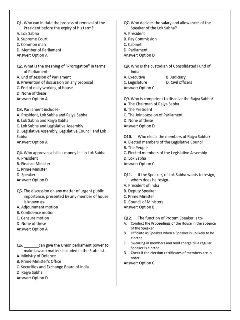 Test 55 Polity Question Answer Pdf Government Of India Government
