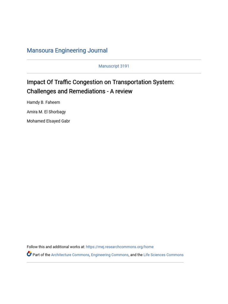 Impact of Traffic Congestion On Transportation System - Challenges | PDF