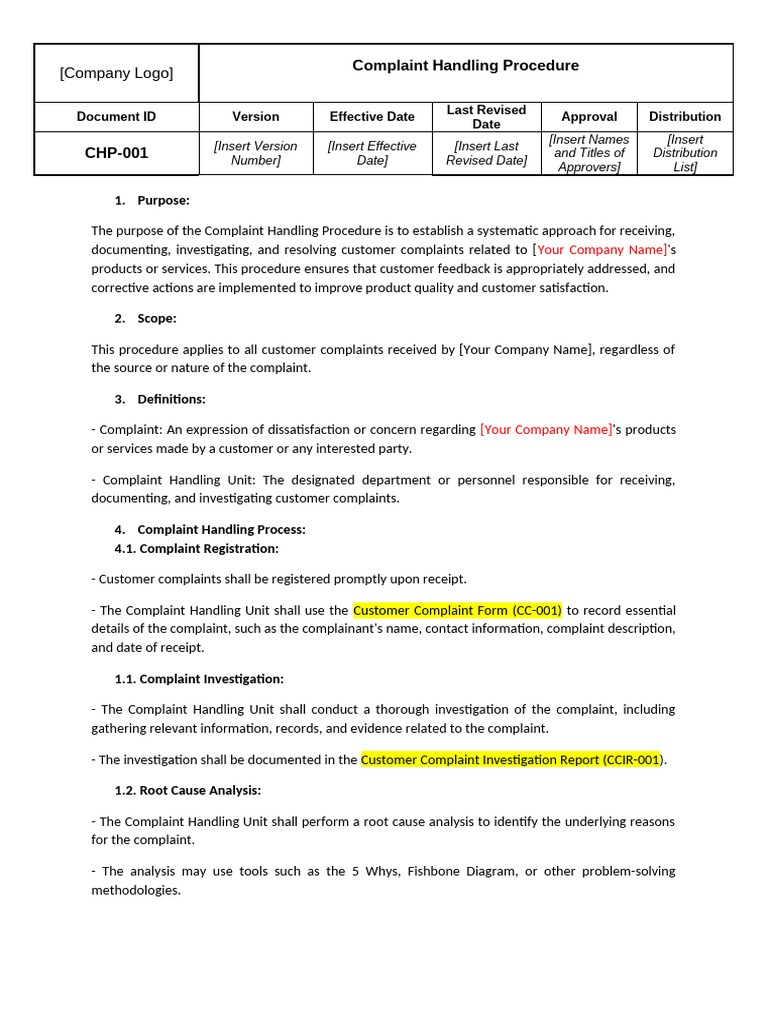 CHP-001 Complaint Handling Procedure | PDF