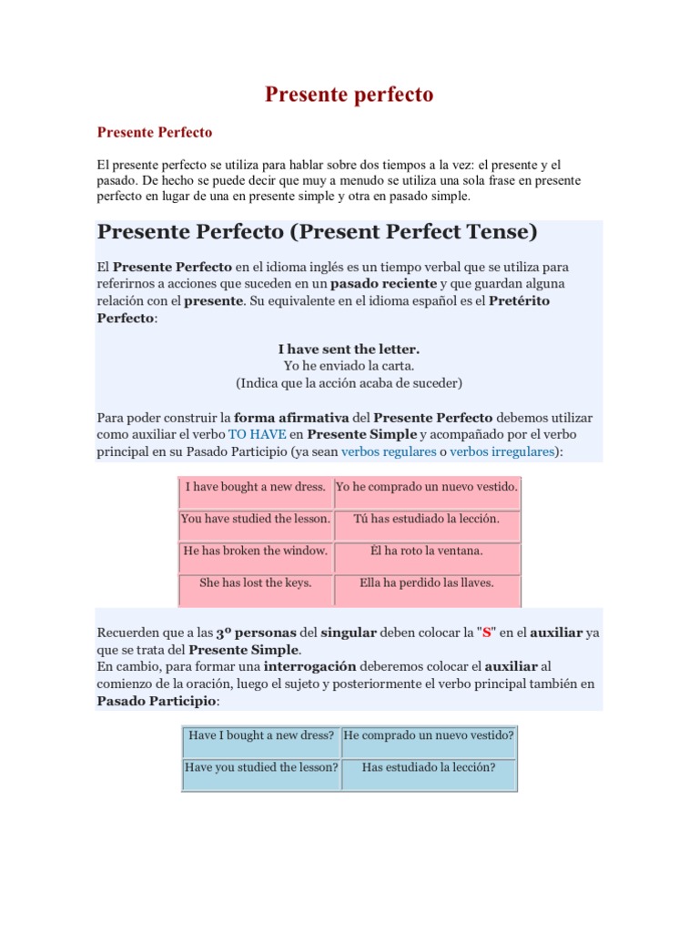 Auxiliares del Presente Perfecto en Inglés | PDF