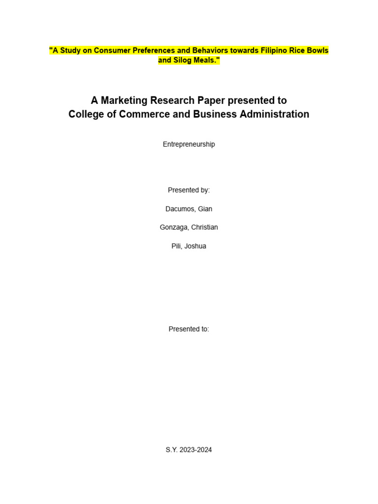 Revised Preliminary Performance Assessment 1 Marketing Research Paper ...