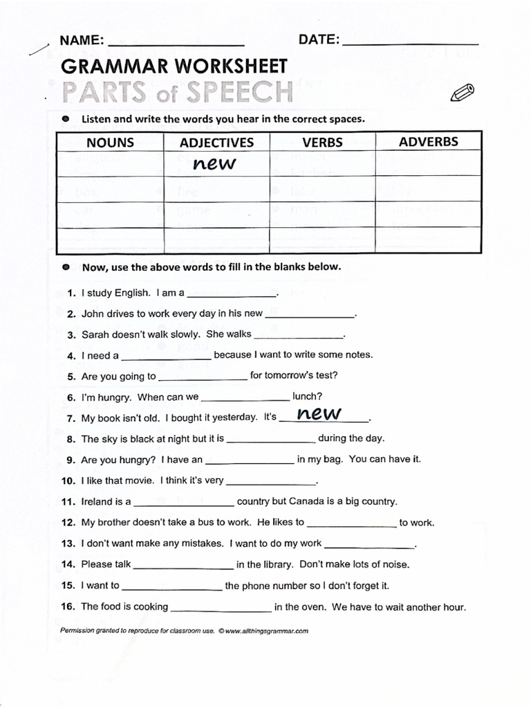 PART OF SPEECH EXERCISE PDF WITH ANSWER visual data 8