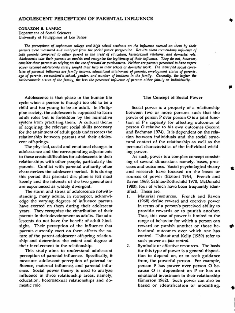 07 - Adolescent Perception of Parental Influence | PDF | Adolescence ...