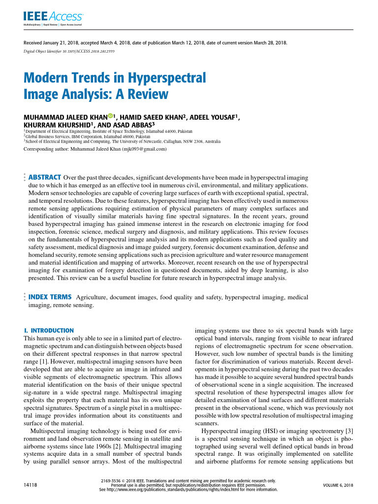 Modern Trends in Hyperspectral Image Analysis A Review | PDF