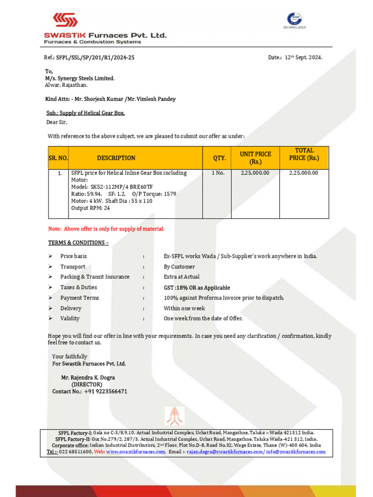 SFPL SSL SP 201 r1 2024 25 Helical Gear Box Synergy Steels | PDF