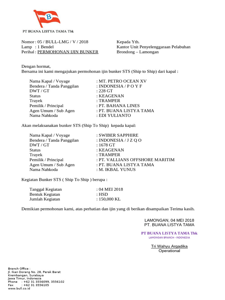 Permohonan Ijin Bunker 2018 02 Mei 150KL | PDF
