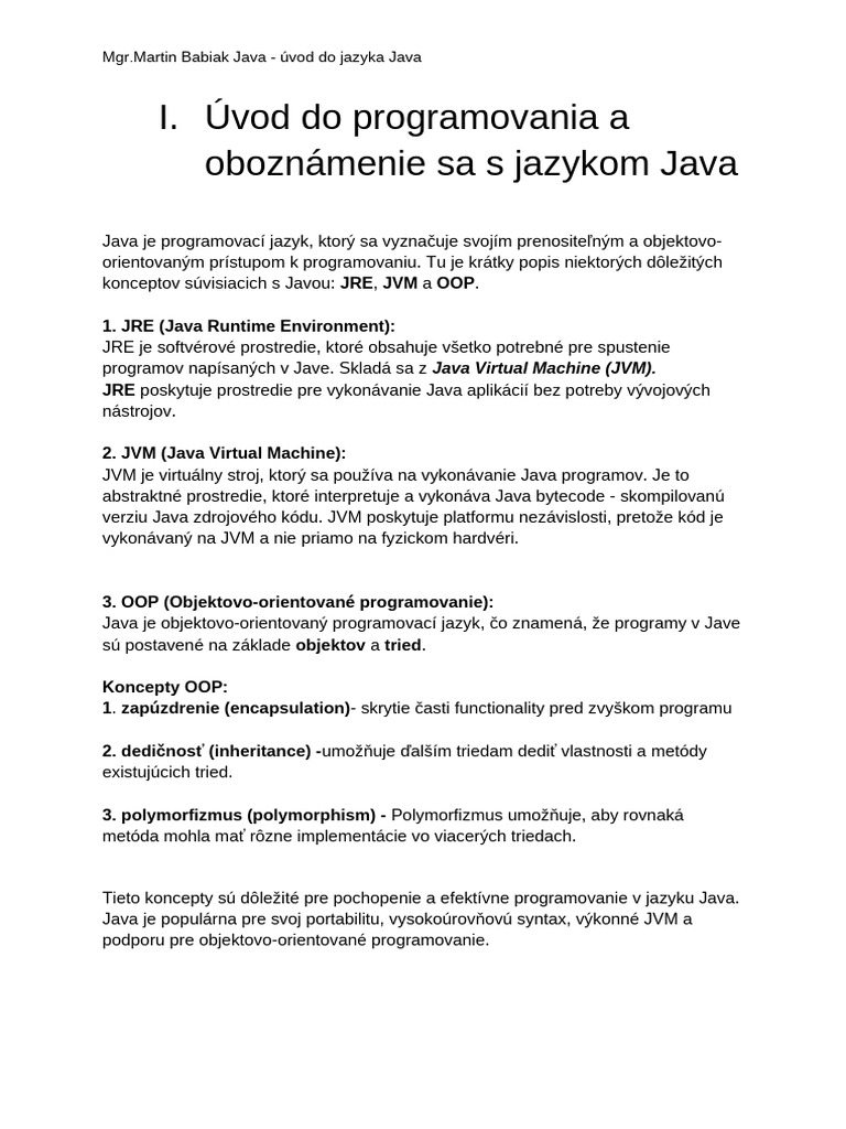 I. Évod Do Jazyka Java Teària - JVM, Jre, Oop | PDF
