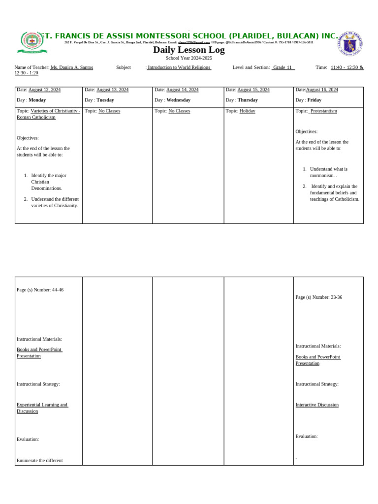 Grade 11 World Religions Lesson Plan | PDF