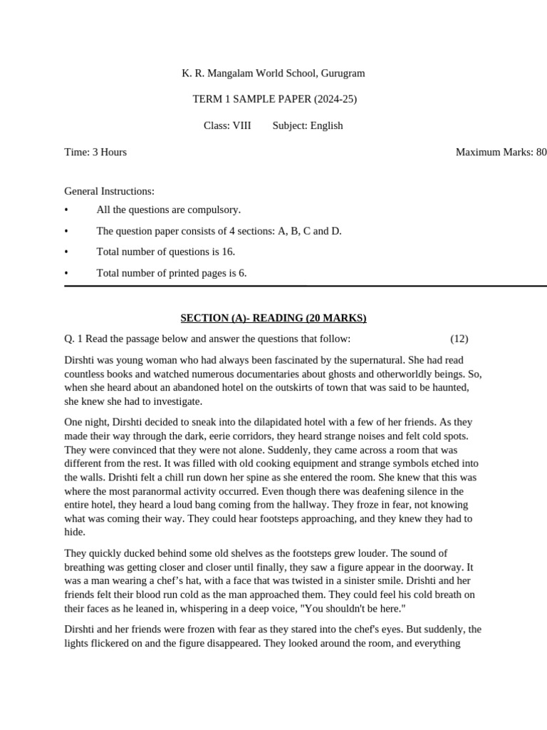 G8 English T1 Sample Paper 2024 | PDF | Ghost Hunting | Language Arts ...