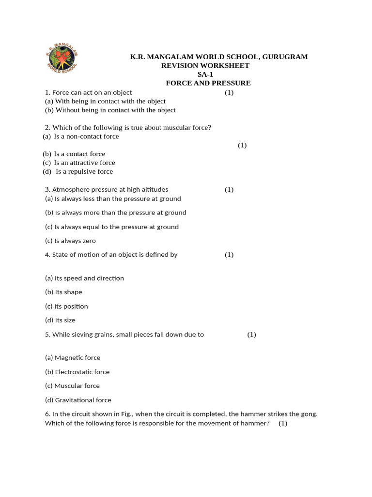 Force and Pressure Revision Worksheet | PDF | Force | Pressure
