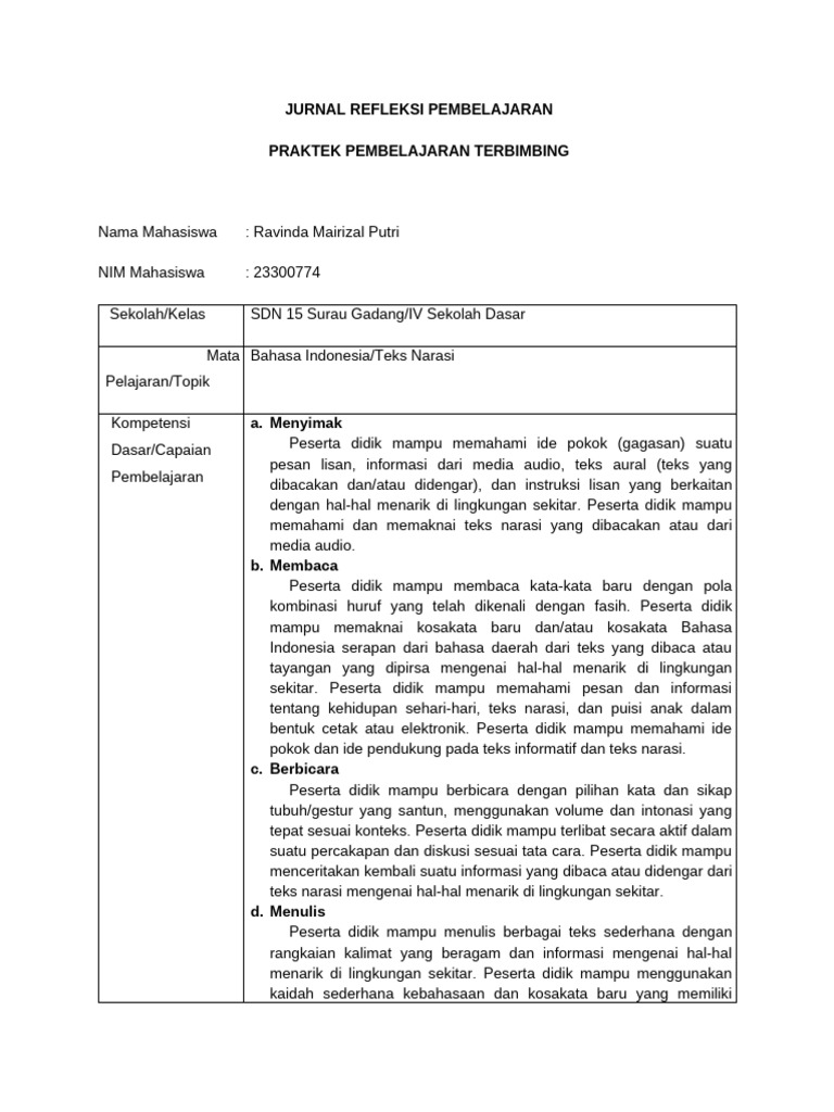 Lampiran 6. LK-5 Contoh Jurnal Refleksi Pembelajaran | PDF