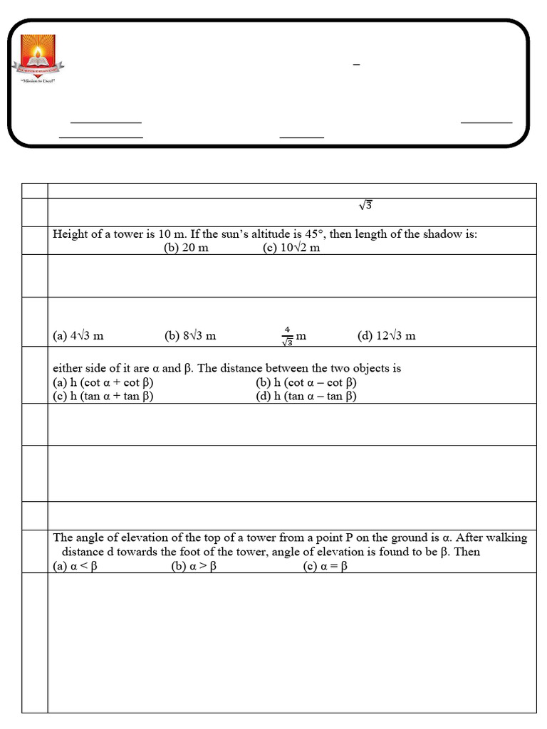 Application of Trigonometry Worksheet Grade X PDF