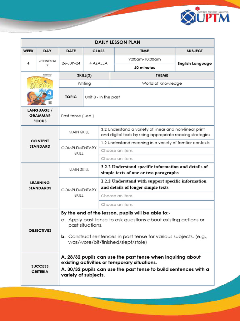 YEAR 4 LESSON PLAN UPTM TCH 3143 | PDF | Lesson Plan | Teachers