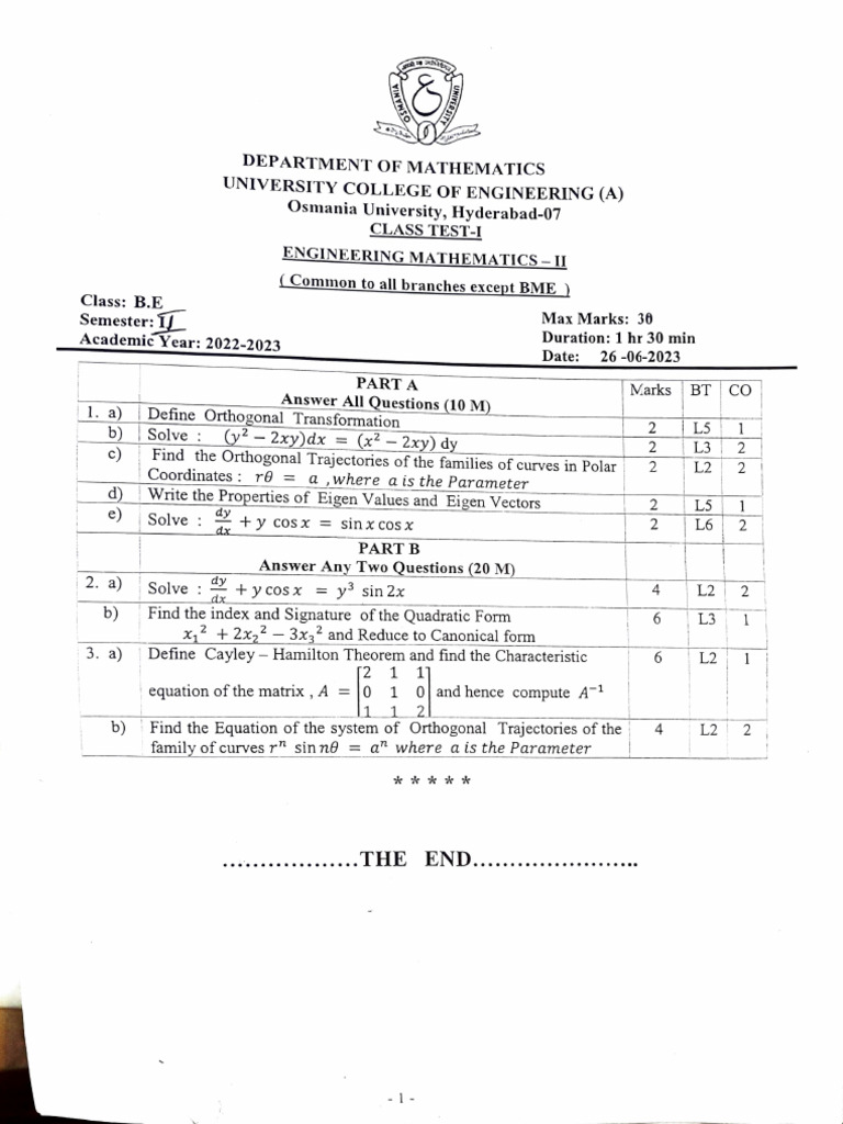 Sem II - Class Test - I | PDF