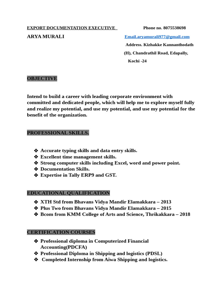 Export Documentation Executive Resume | PDF
