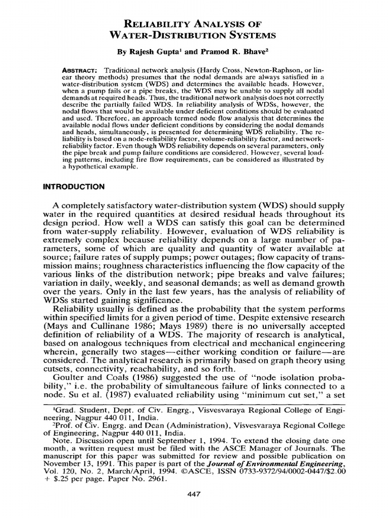 Bhave Gupta 1994 Reliability Analysis of Water Distribution Systems | PDF