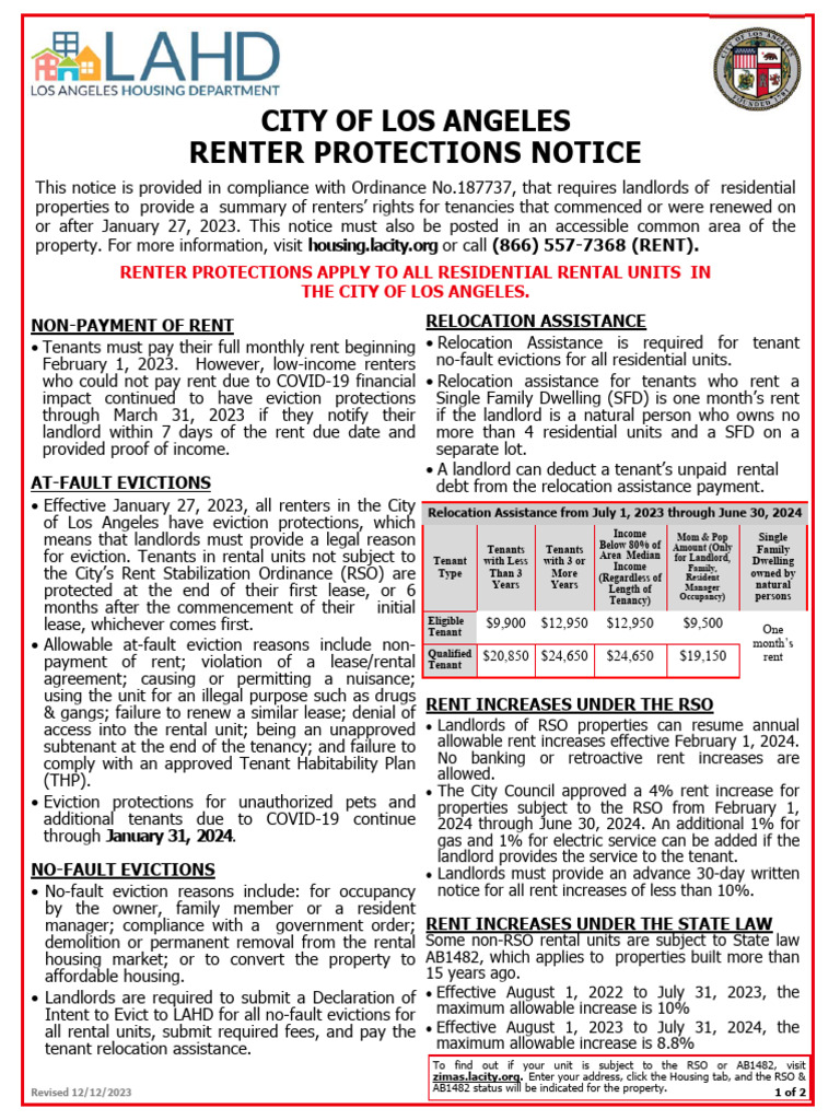 1 Form City of Los Angeles Renters Protections Notice With ...
