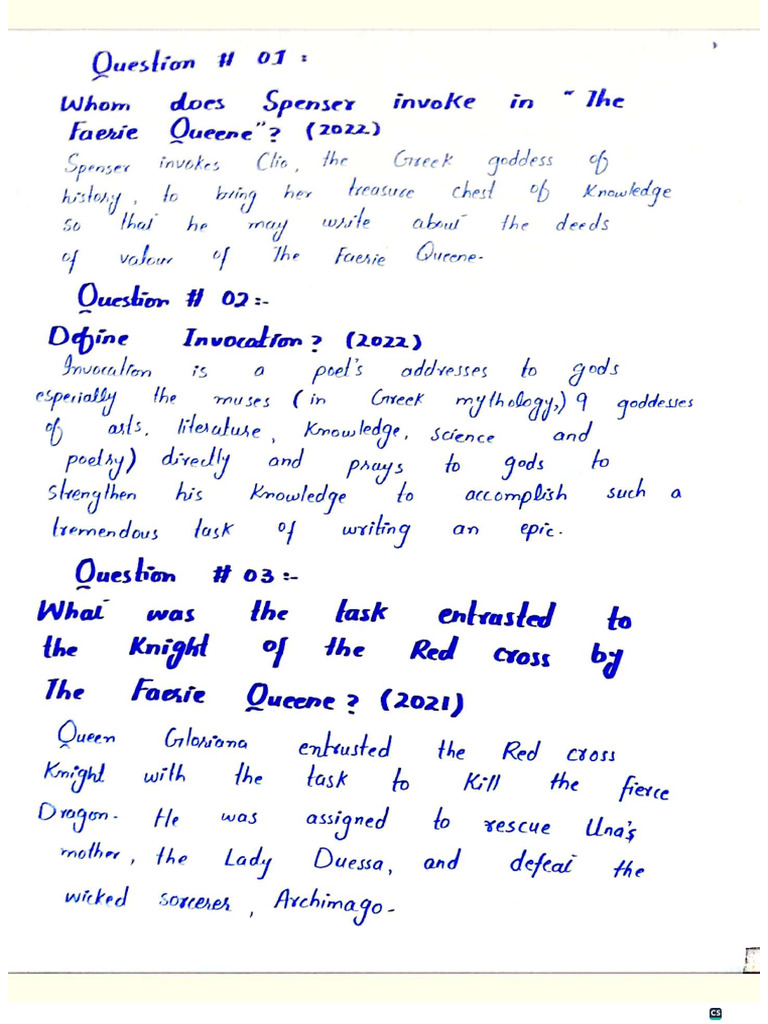 Faerie Queene Short Questions Answers PDF