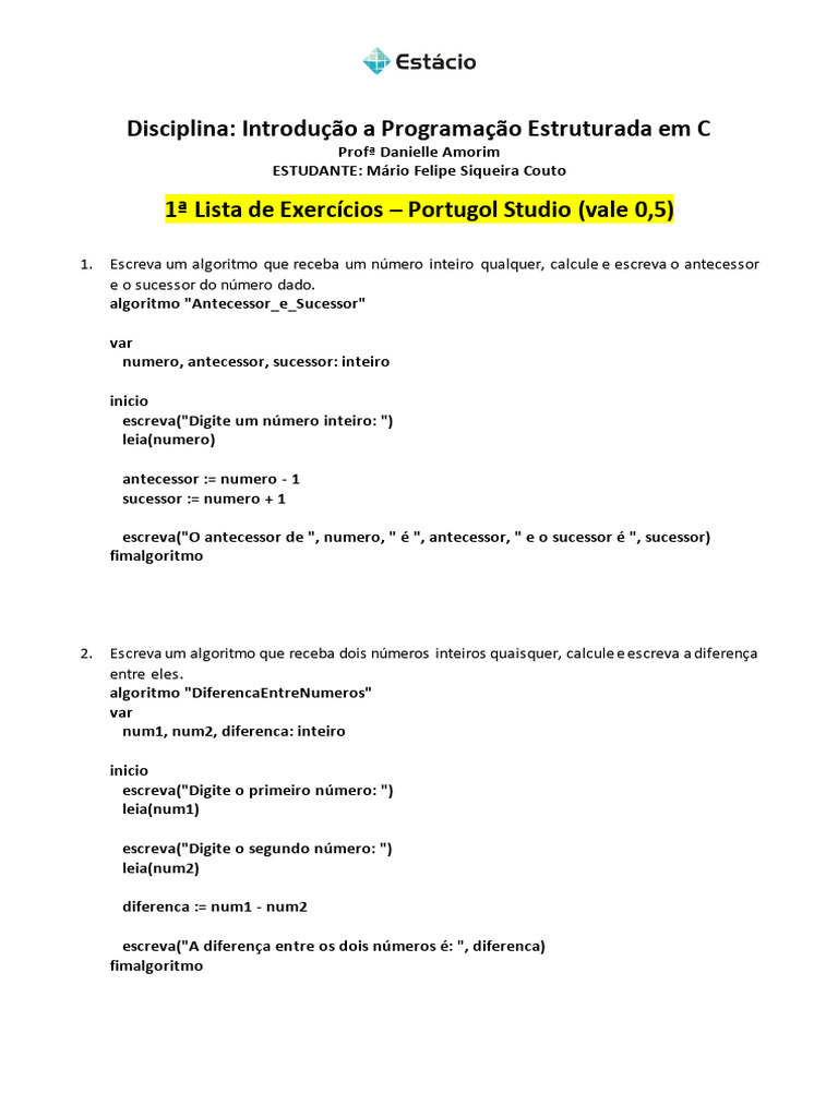 Lista de Exercícios Portugol | PDF