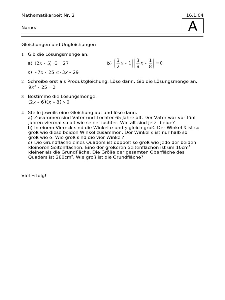 Mathematikarbeit Klasse 8 Gleichungen Ungleichungen Textaufgaben | PDF