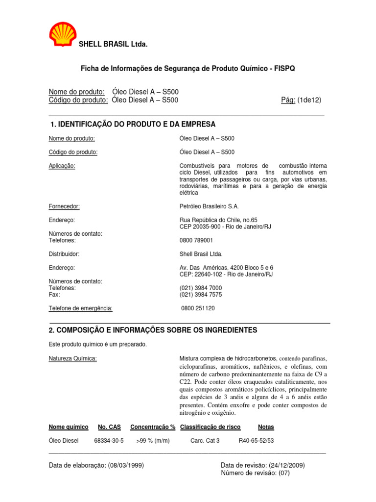 FISPQ Oleo Diesel A - S500 Rev07 12 2009 SHELL | PDF