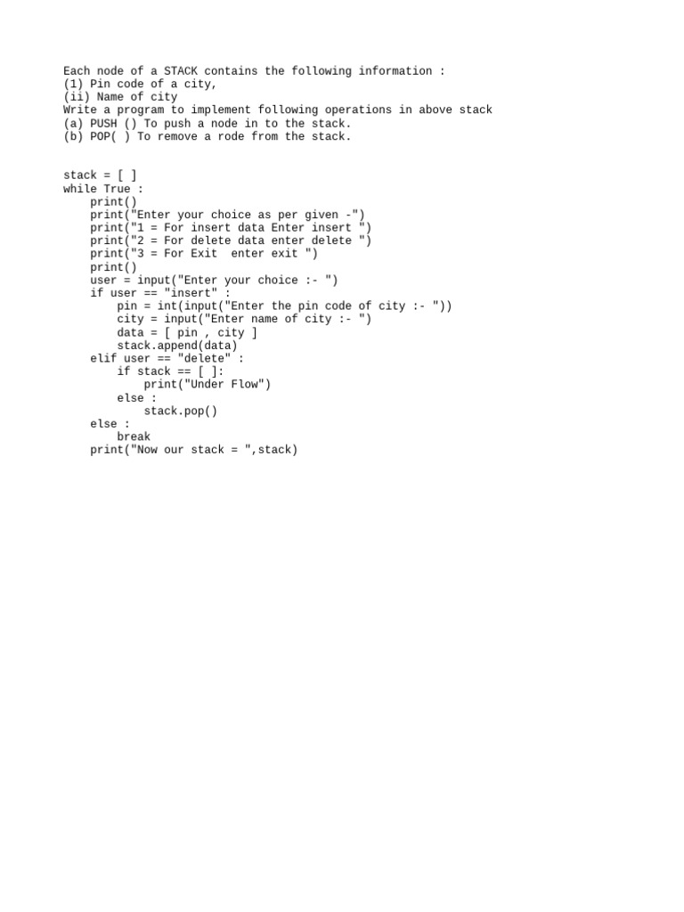 City and Pin Code Using Push N Pop | PDF