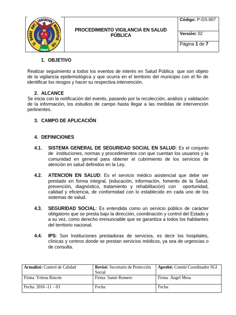 P-GS-007 Procedimiento Vigilancia en Salud Pública | PDF