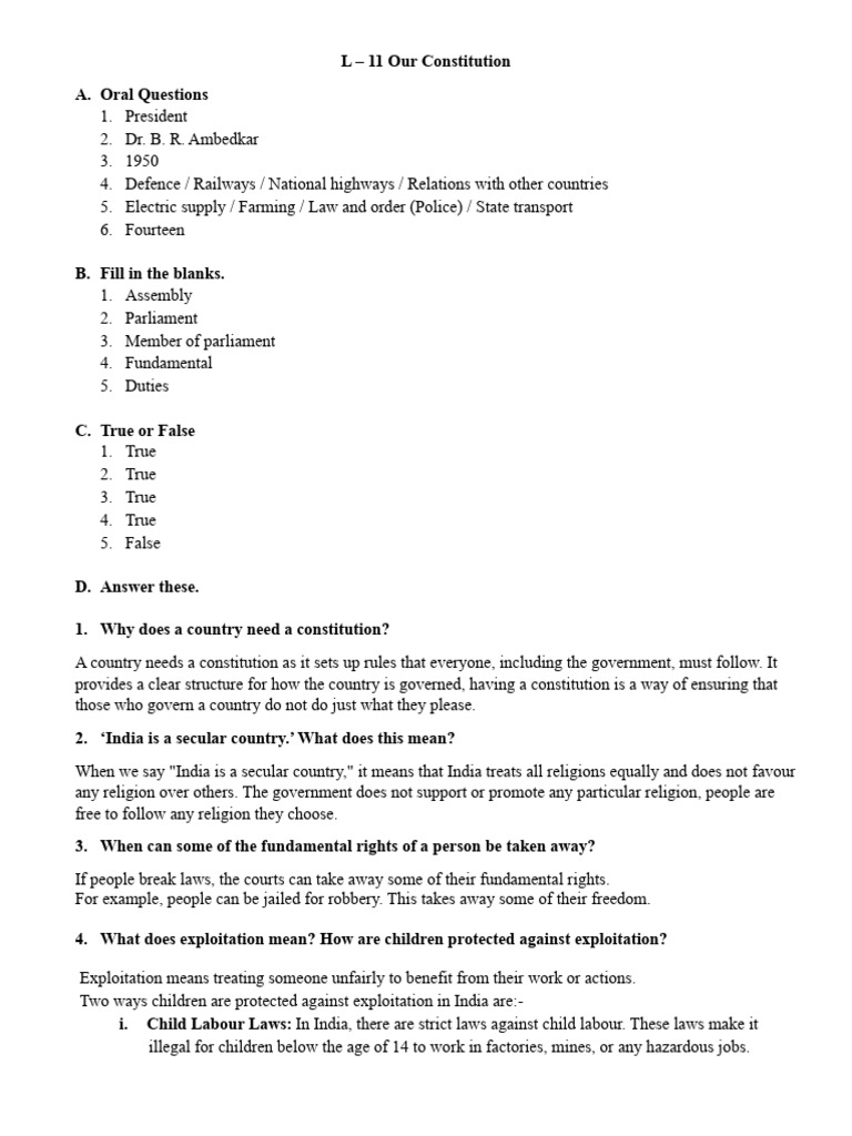 Grade 5 L-11 Our Constitution Answer Key 1 | PDF