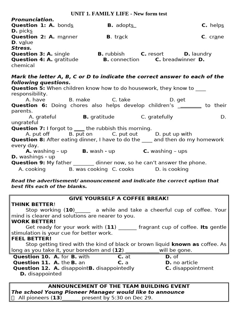 UNIT 1 - Test 1 - Form 2025 - HS | PDF