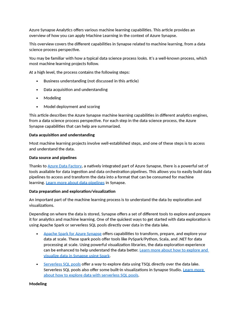 Azure Synapse Analytics Offers Various Machine Learning Capabilities | PDF