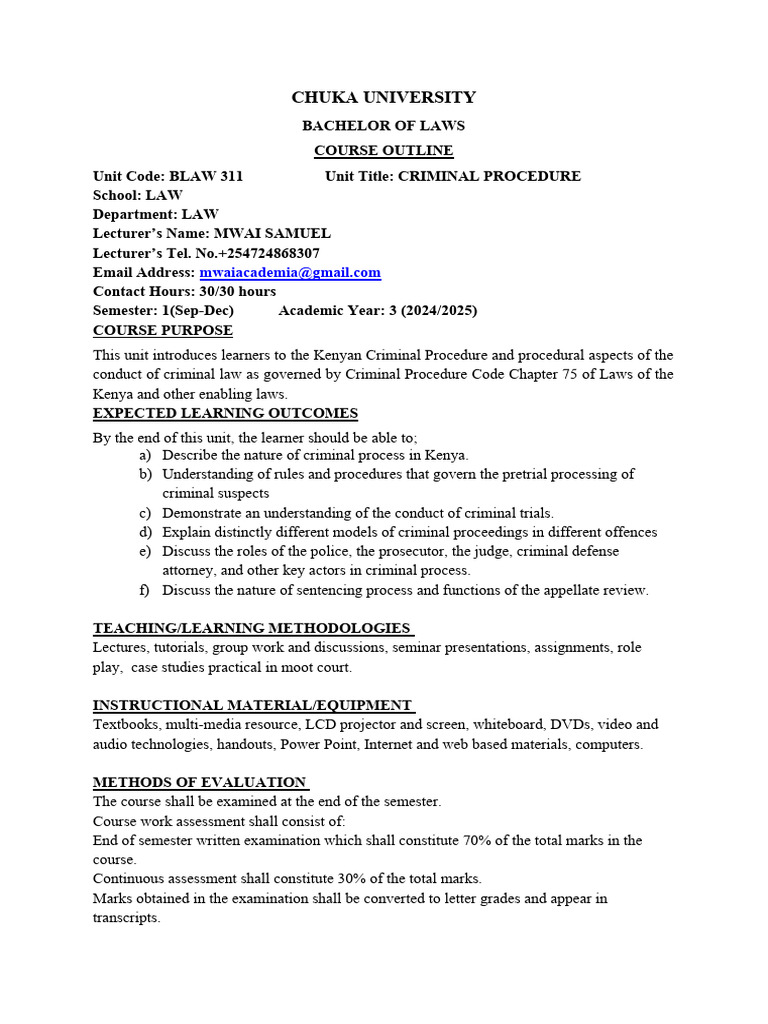 Blaw 311 Criminal Procedure Course Outline 2024 | PDF | Bail | Plea
