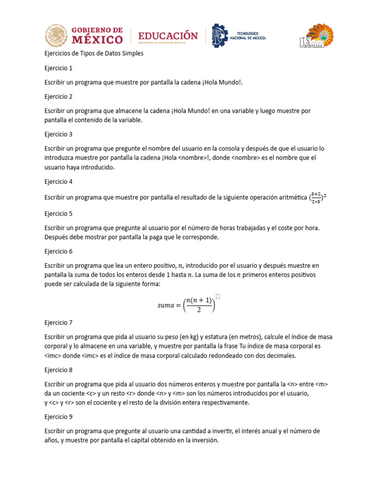 Ejercicios de Programación Básica | PDF | Tipo de datos | Finanzas y dinero