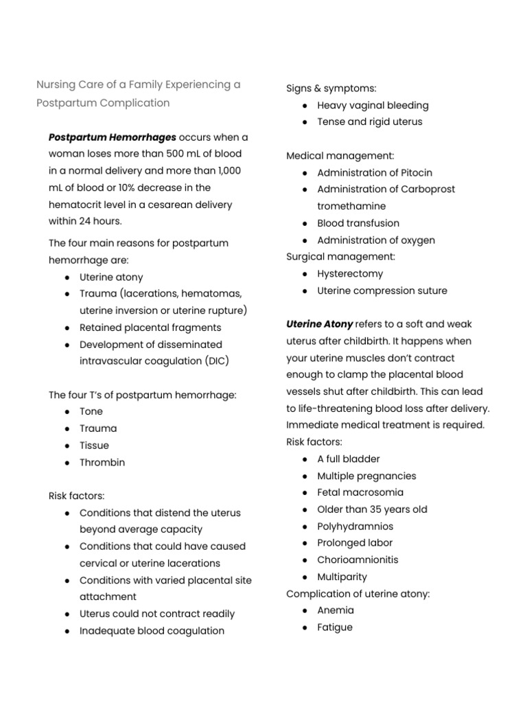 Nursing Care of A Family Experiencing A Postpartum Complication | PDF
