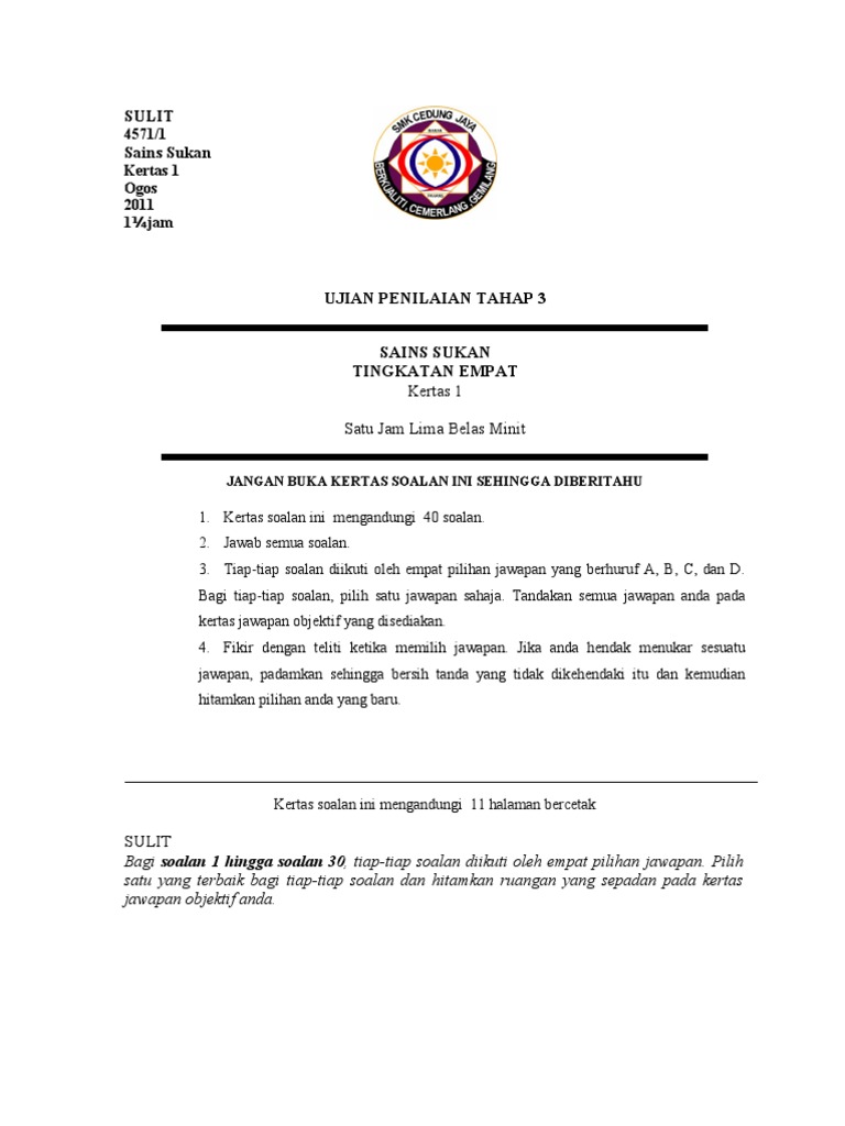 Sains Sukan Ting 4 Kertas 1 Upt3 Pdf