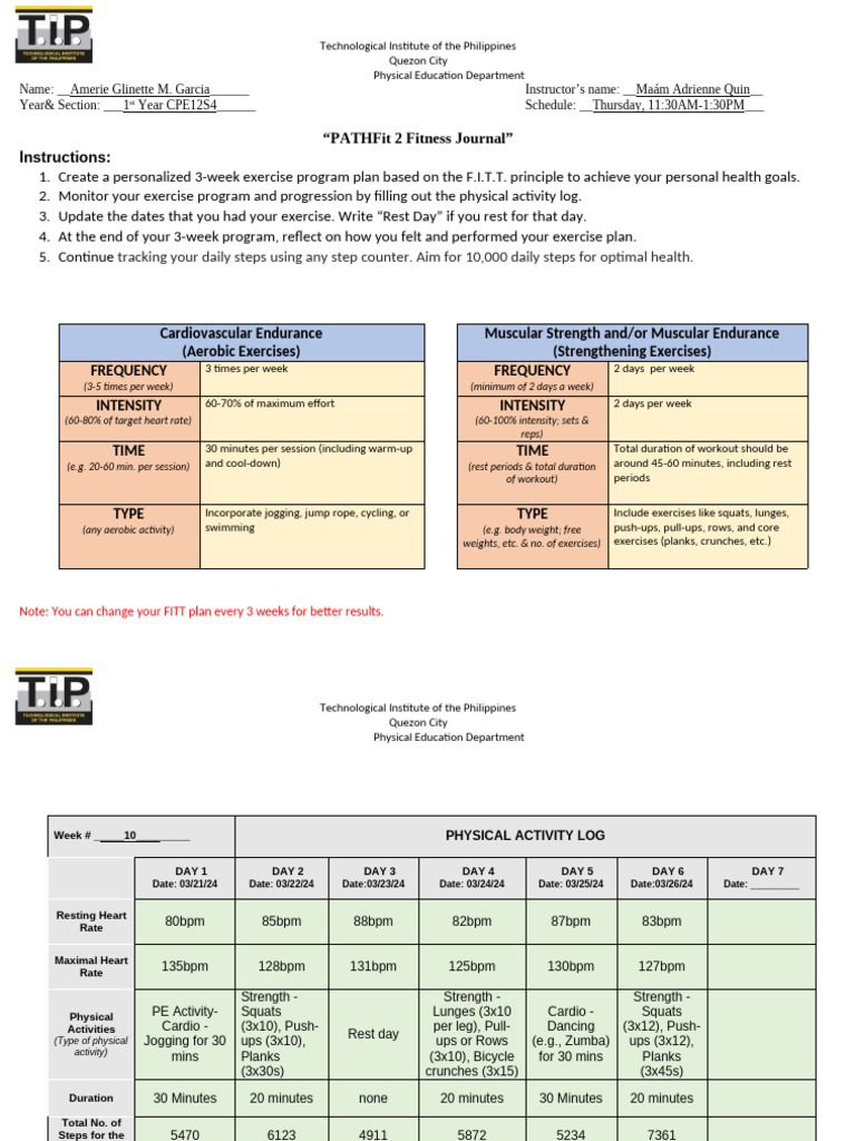 PATHFit 2 Fitness Journal Plan | PDF | Aerobic Exercise | Physical Fitness