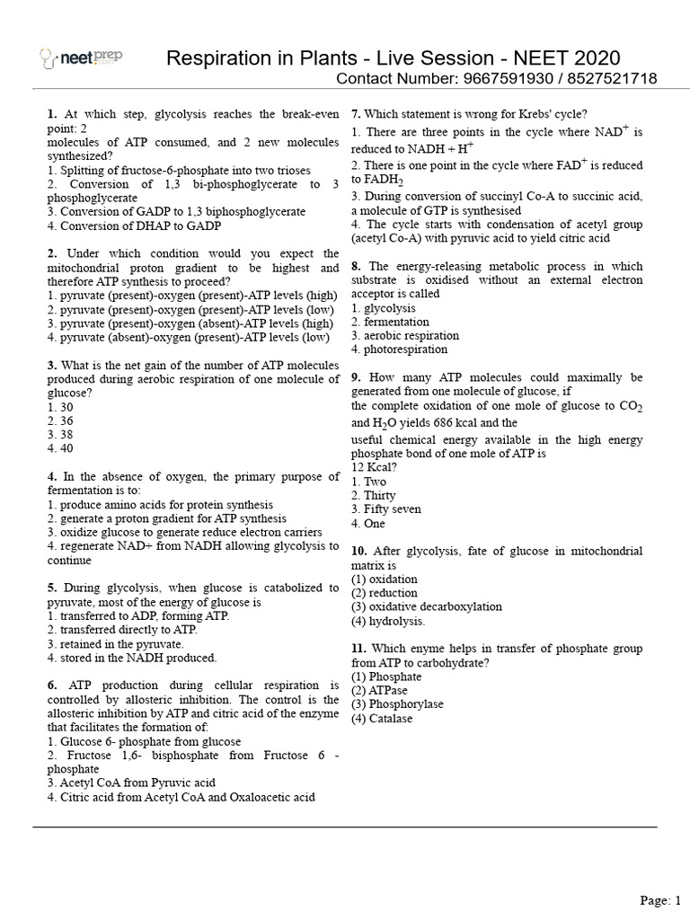 Respiration in Plants - Live Session - NEET 2020 | PDF