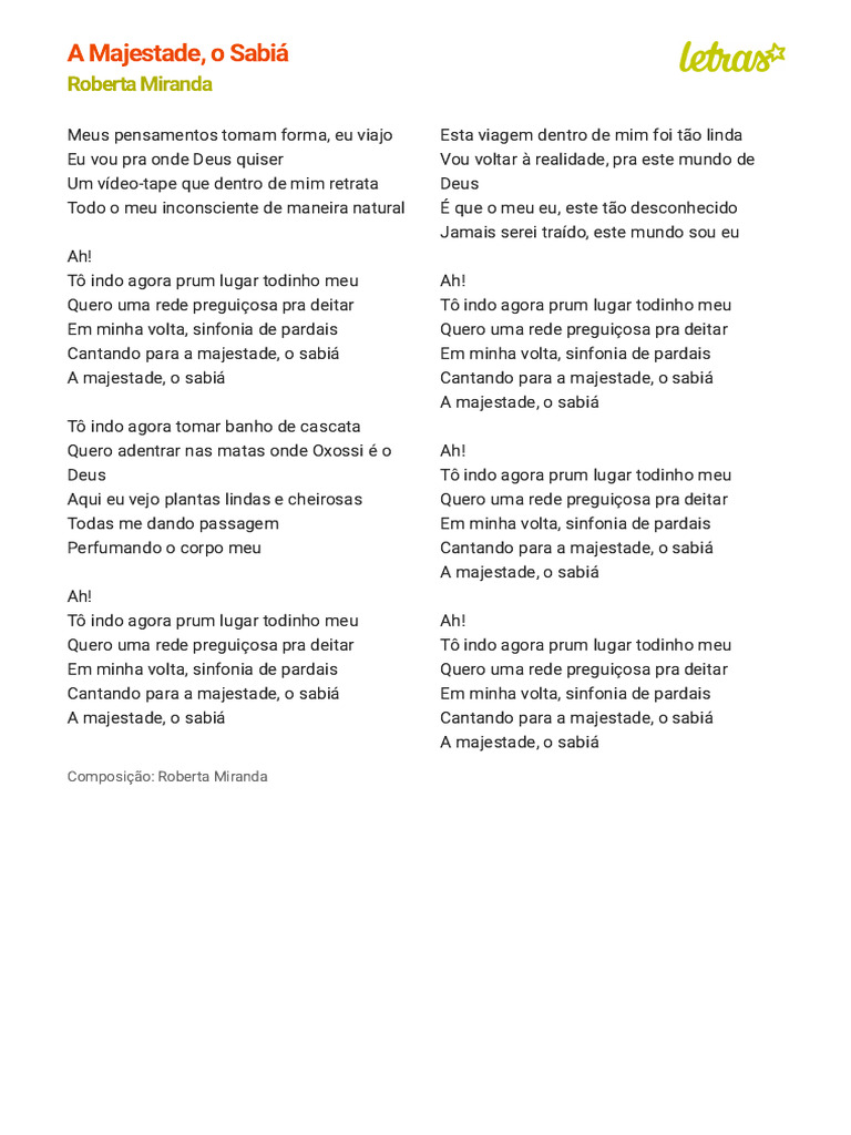 A MAJESTADE, O SABIÁ - Roberta Miranda (Impressão) | PDF