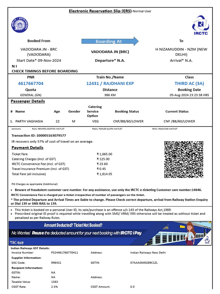 Rajdhani Exp Third Ac (3A) : Electronic Reserva On Slip (ERS) | PDF