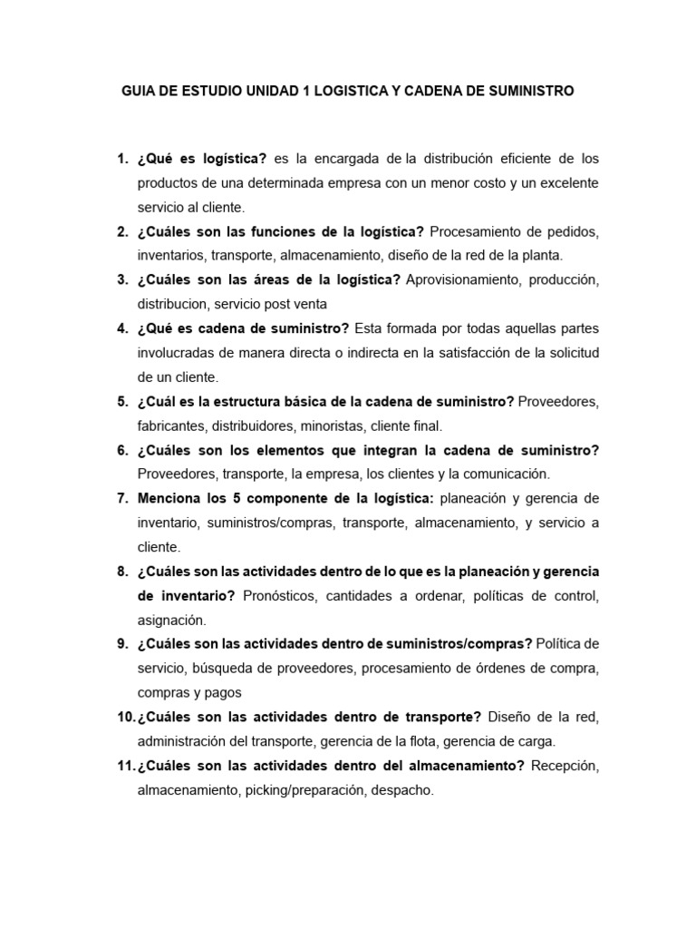 Guia de Estudio Unidad 1 Logistica y Cadena de Suministro | PDF ...