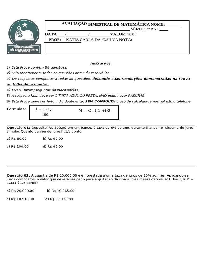 Prova 3 Ano B | PDF